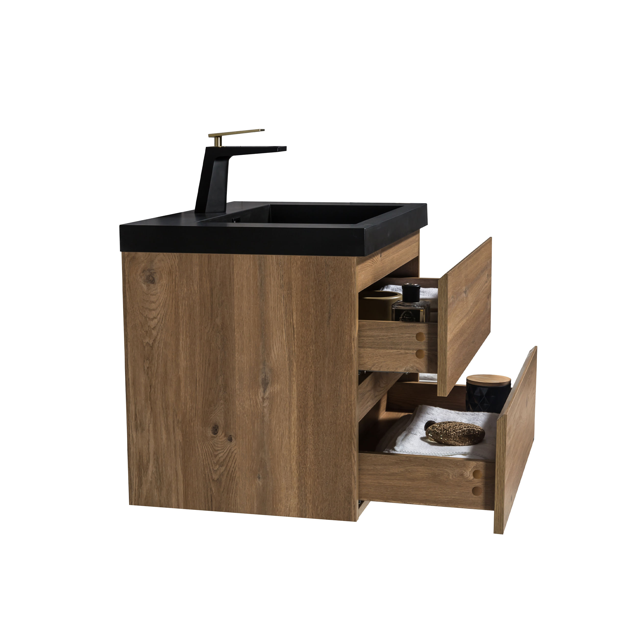 Baño con muebles de malla de mimbre, gabinete de madera con puerta de  espejo, lavabo de porcelana de diseño profundo y puerta de madera de peral