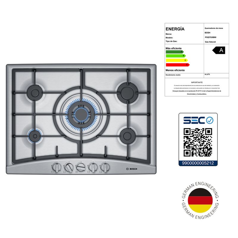 Cocina-Encimera-a-Gas-5-Quemadores-PGQ7G5B90-Inox-75-cm