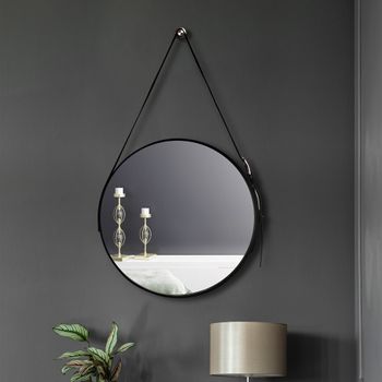 Espejo Decor Circular Negro con Marco y Asas de Cuero ø700 mm