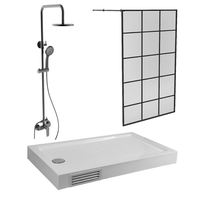 Baños-Mampara-Grid-Negro-Mate---Receptaculo-Zen---Griferia-Urban-Negro-Mate