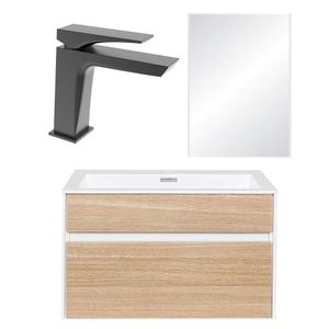 Mueble Sunset 900 Teak + Espejo Cherry 90 + Grifería Kubika Negro Mate