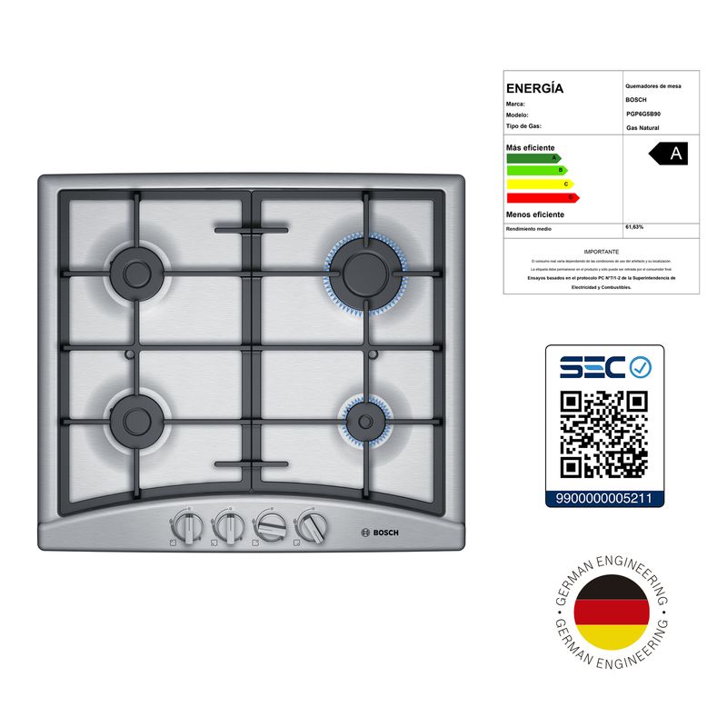 Cocina-Encimera-a-Gas-4-Quemadores-PGP6G5B90-Inoxidable-60-cm