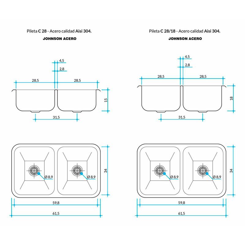 Cocina-Lavaplatos-Doble-C28-18-Rectangular-Bajo-Cubierta-con-Rebalse-Cromado