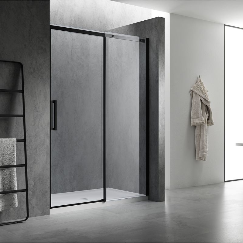 Baños-Mampara-Corredera-Grecia-con-Paño-Fijo-Negro-Mate-1400-Mm