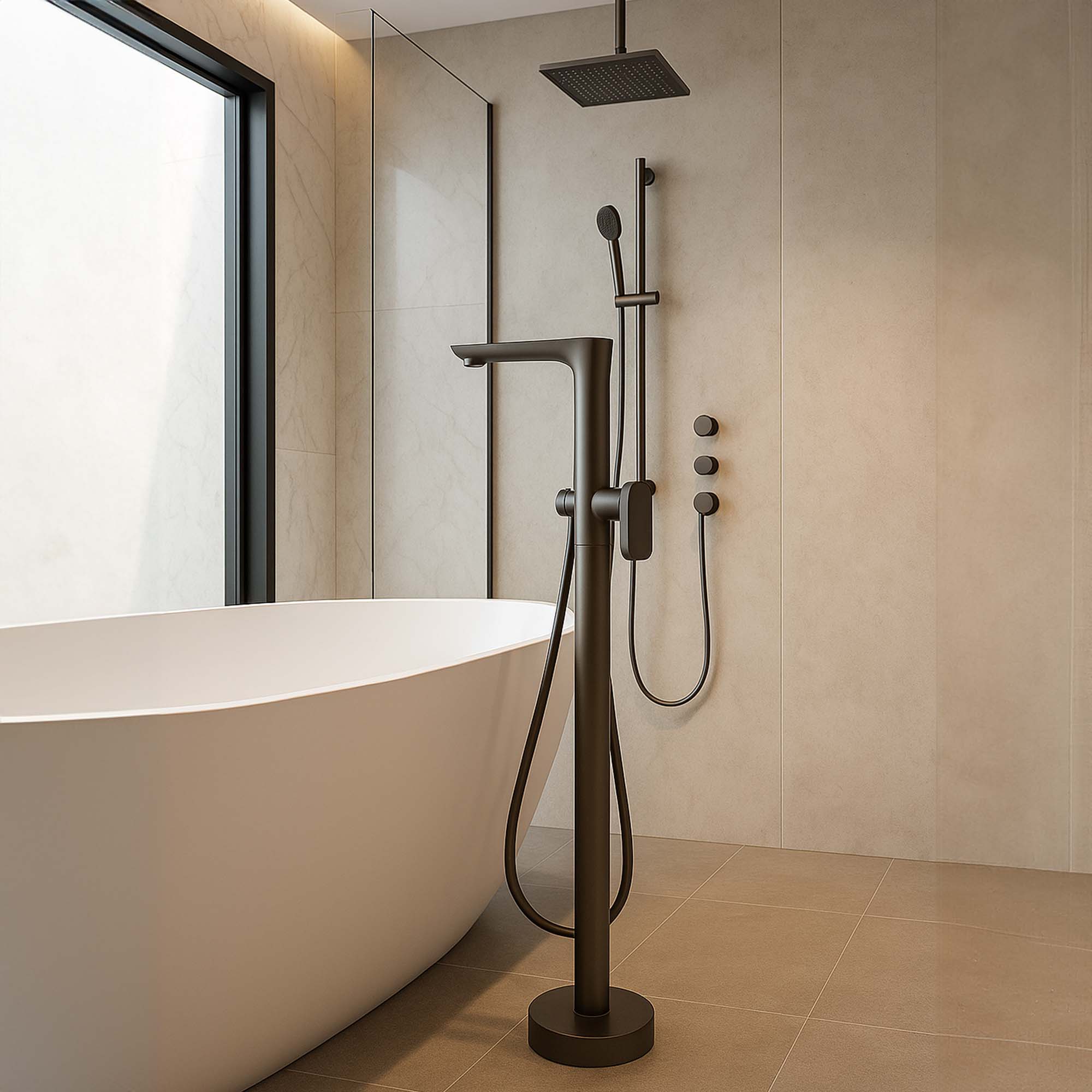 Griferia Tina Pie Urban Con Set Soporte Ducha Gun Grey MK